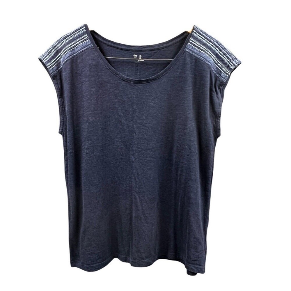 GAP Blouse Womens Large Sleeveless Tapestry Navy Blue Pullover Top Summertime